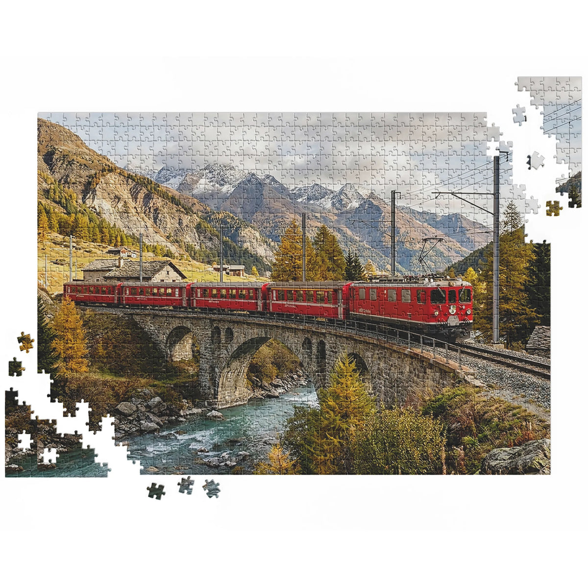 Roter Zug über dem Engadiner Viadukt – Herbstzauber & Halloween – 1000 Teile, Ansicht 3