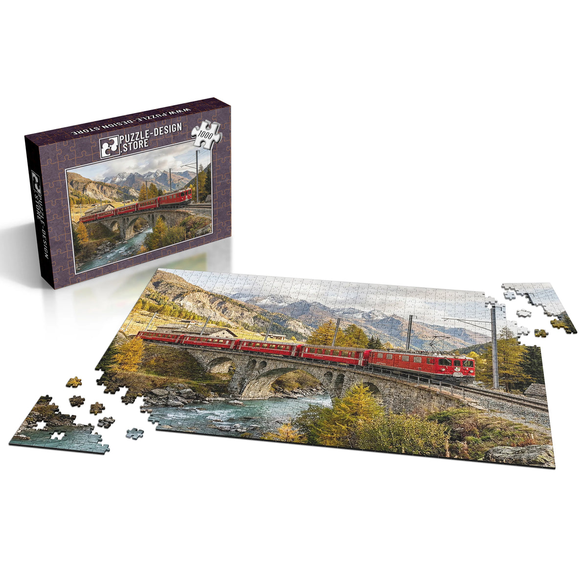 Roter Zug über dem Engadiner Viadukt – Herbstzauber & Halloween – 1000 Teile, Ansicht 4
