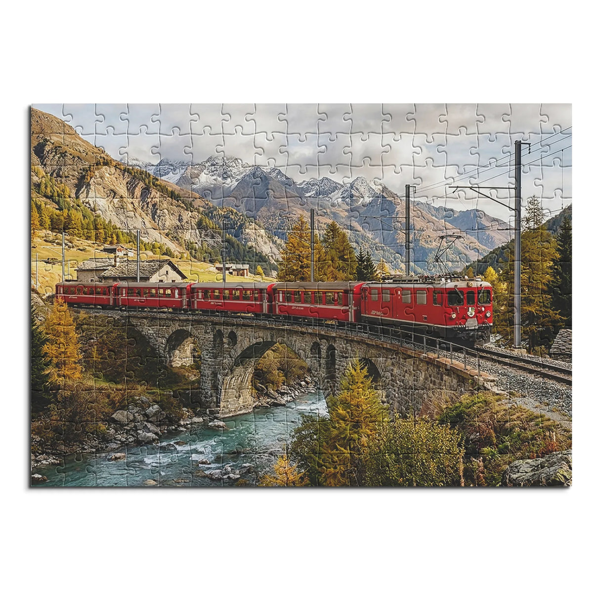 Roter Zug über dem Engadiner Viadukt – Herbstzauber & Halloween – 200 Teile, Ansicht 1