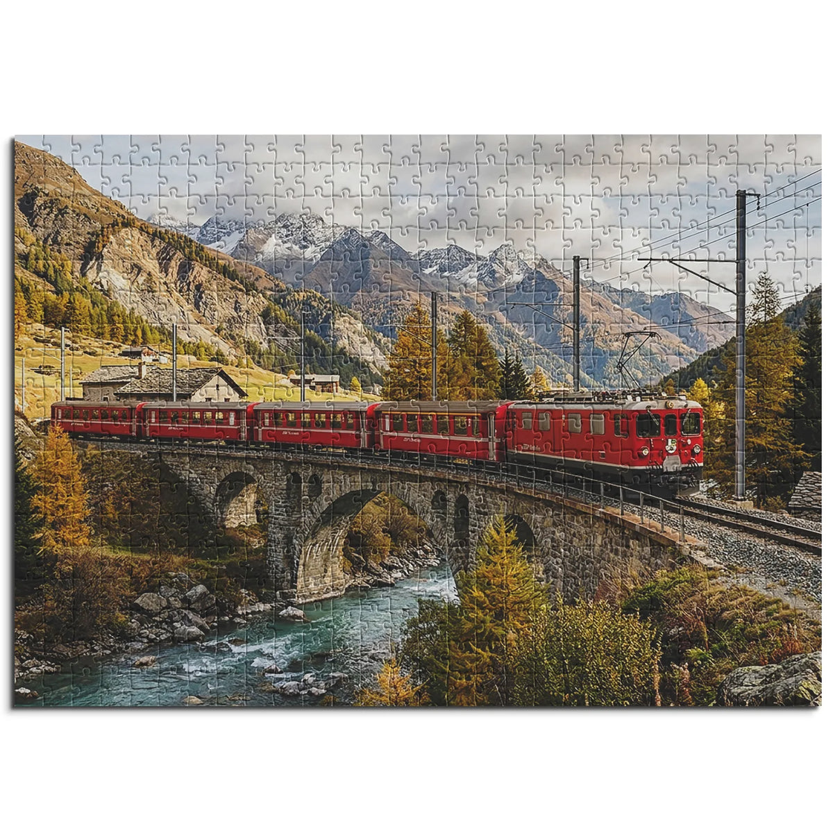 Roter Zug über dem Engadiner Viadukt – Herbstzauber & Halloween – 500 Teile, Ansicht 1