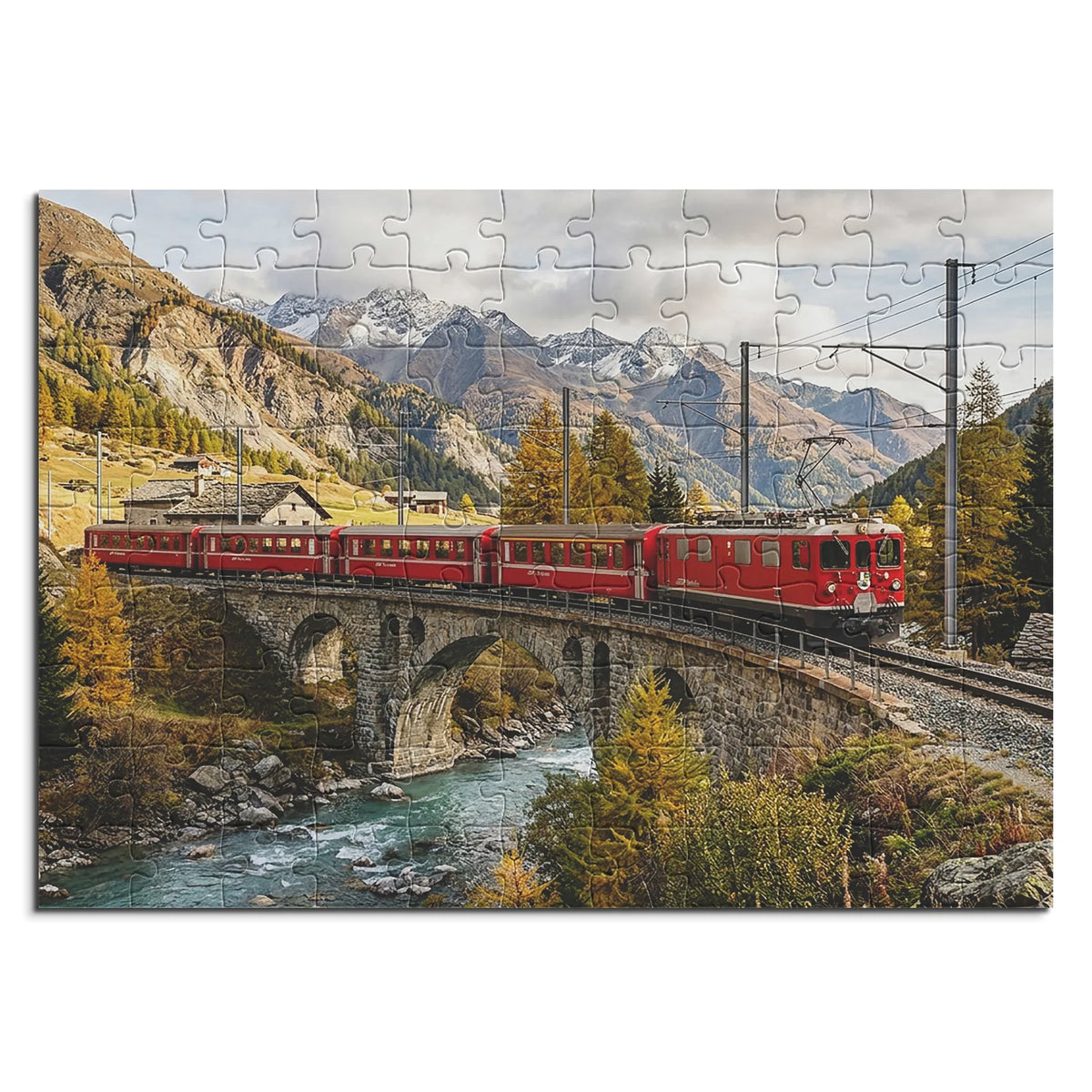 Roter Zug über dem Engadiner Viadukt – Herbstzauber & Halloween – 100 Teile, Ansicht 1